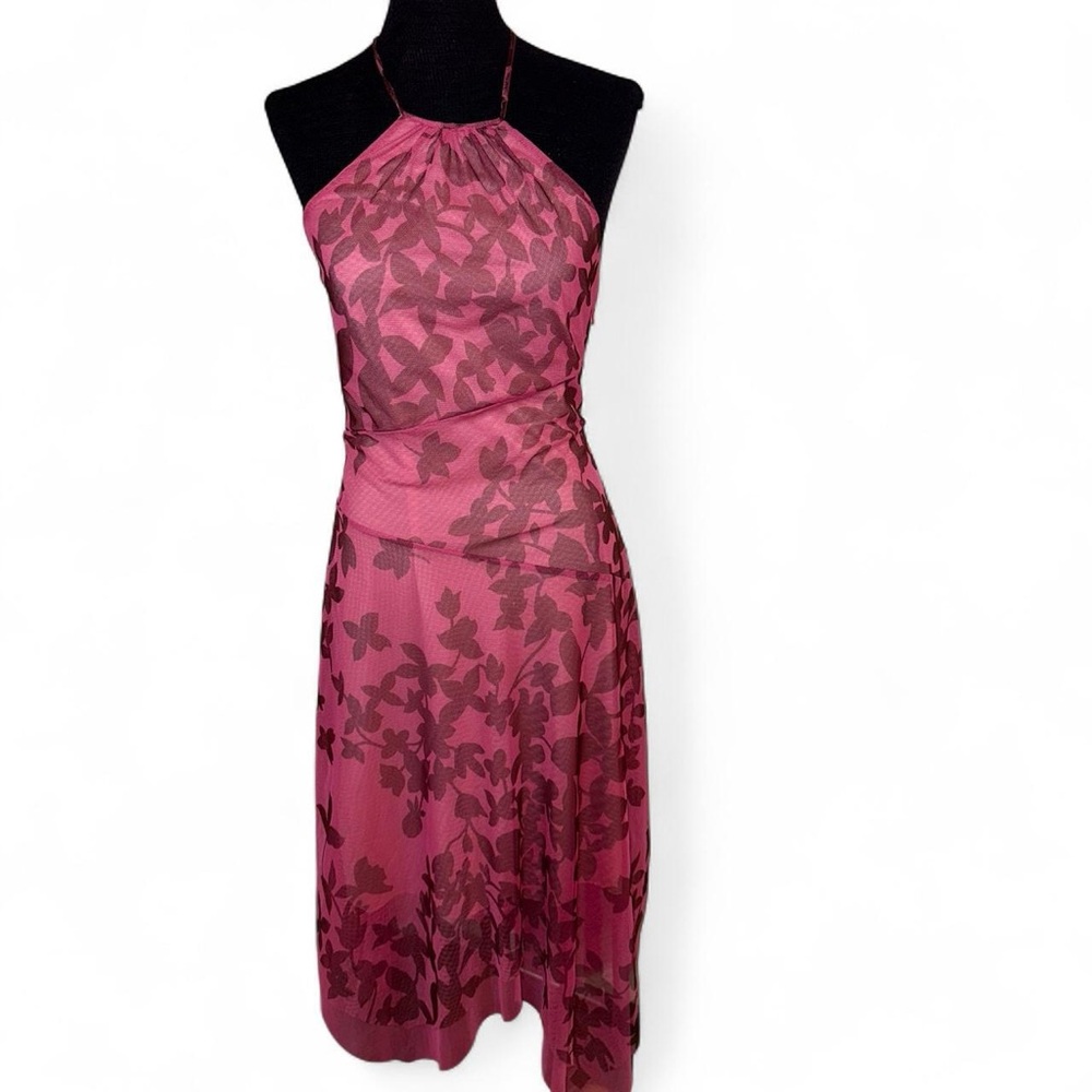 BCBGMaxAzria Pink Halter Neck Mesh Floral Midi Fairy Hem Dress Size 8 Y2K